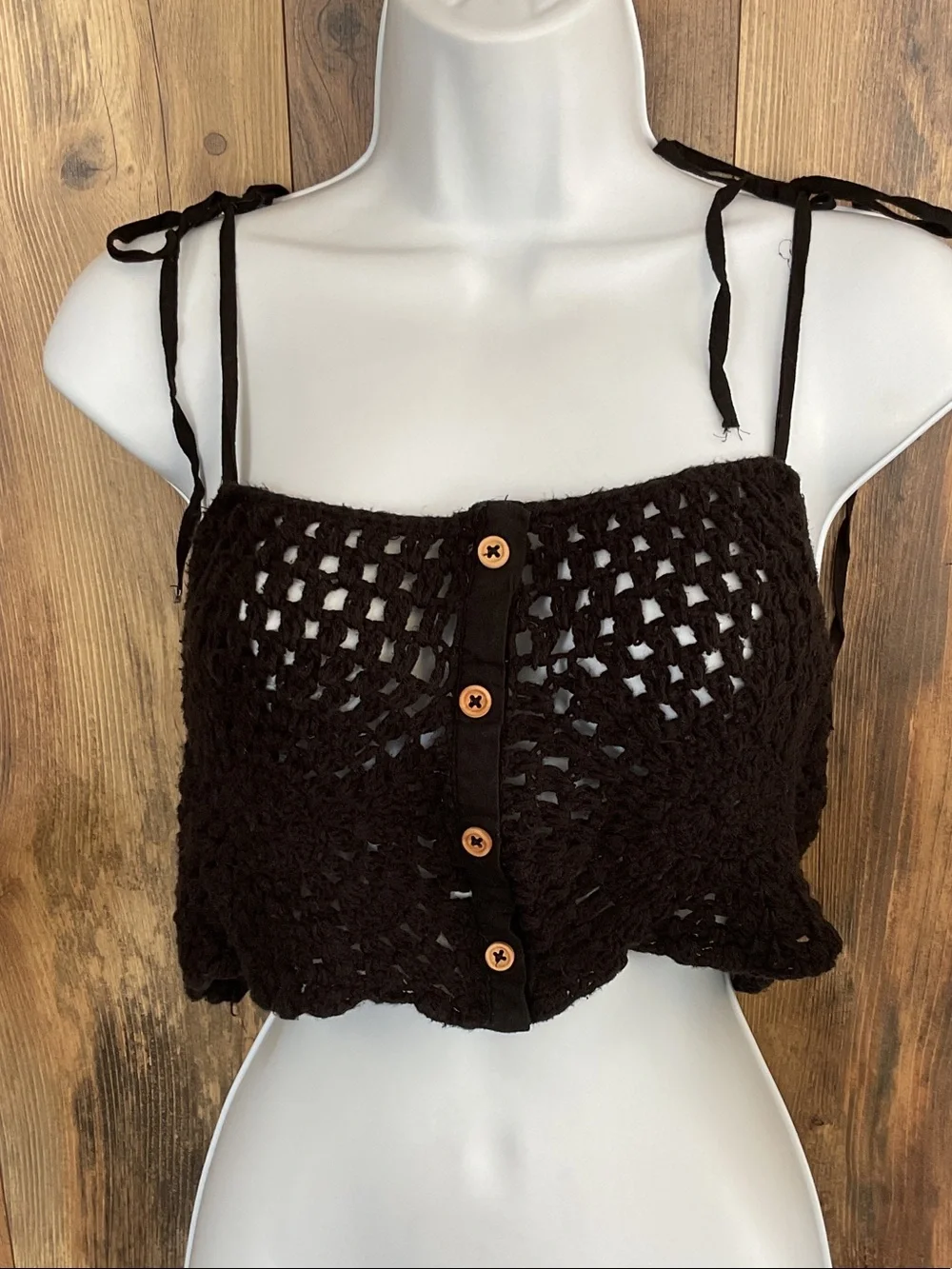 Zara Black Crochet Button-Front Tie-Strap Crop Tank Top XS   142B